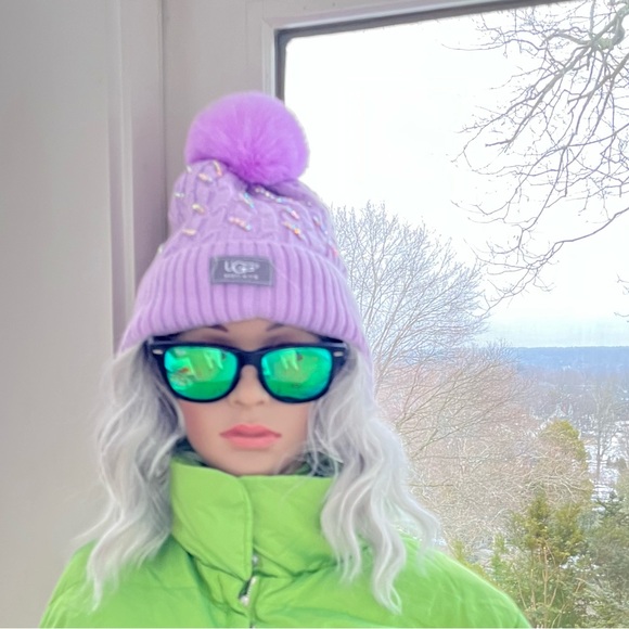 UGG Embellished Lavender Knit Hat with Pom Pom